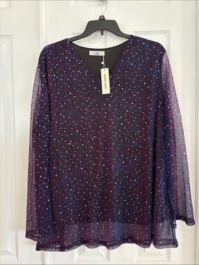 Agnes Orinda Rhinestone Sheer Long Sleeve Blouse Blue Purple Women's 3X NWT